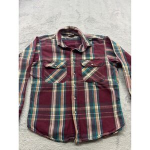 Vintage Five Brother Mens Large Plaid Flannel Shirt Long Sleeve Burgundy Teal